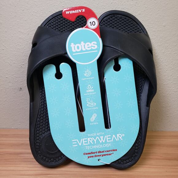 Totes Women's 10‎ Everywear Crossover Slide Sandals Black Lightweight Waterproof - Picture 2 of 7